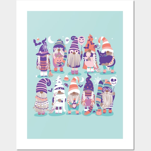 Boo-tiful gnomes // aqua background fun little creatures dressed for halloween in pastel colors lilac pink mint aqua purple salmon Wall Art by SelmaCardoso